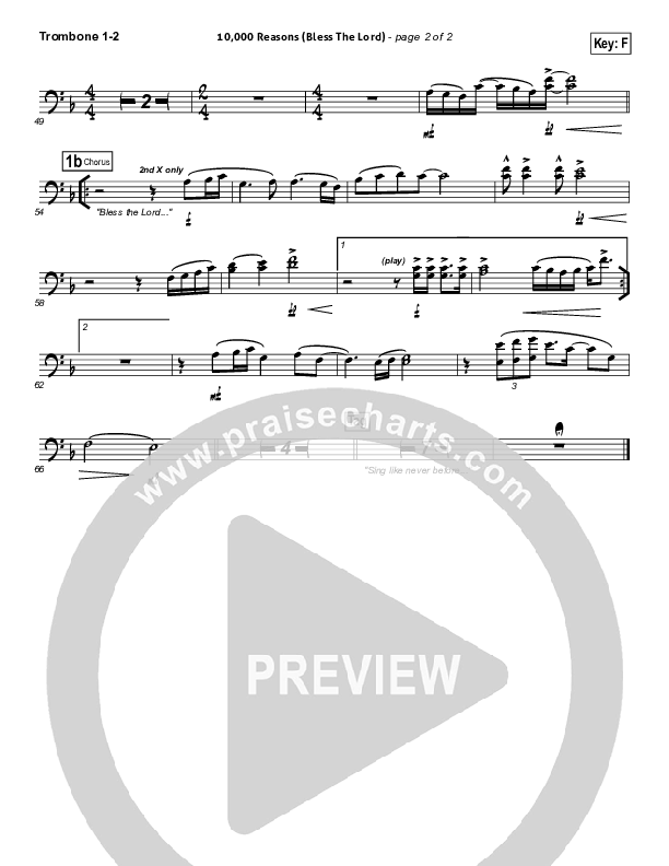 10,000 Reasons (Bless The Lord) (Choral Anthem SATB) Trombone 1/2 (Matt Redman / NextGen Worship / Arr. Richard Kingsmore)