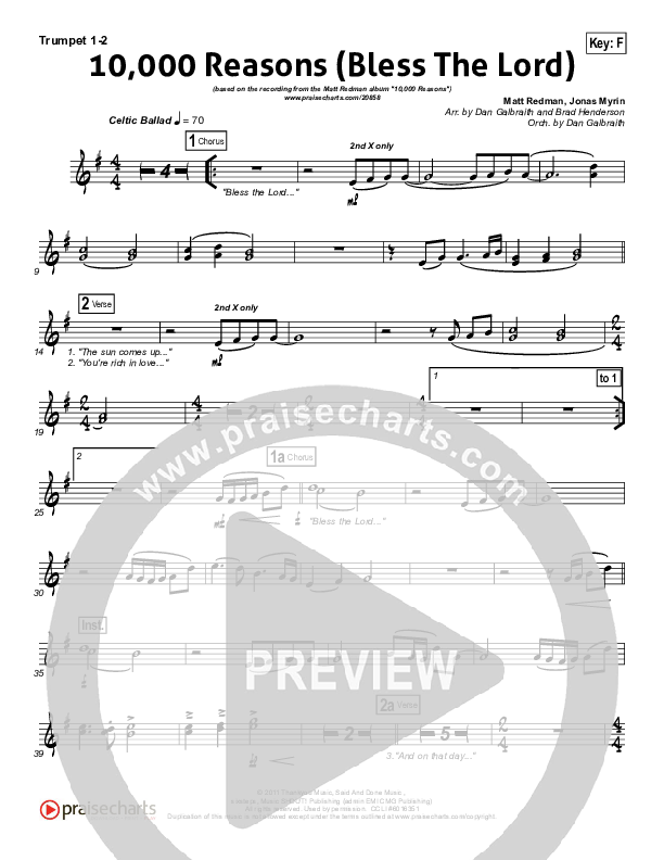 10,000 Reasons (Bless The Lord) (Choral Anthem SATB) Trumpet 1,2 (Matt Redman / NextGen Worship / Arr. Richard Kingsmore)