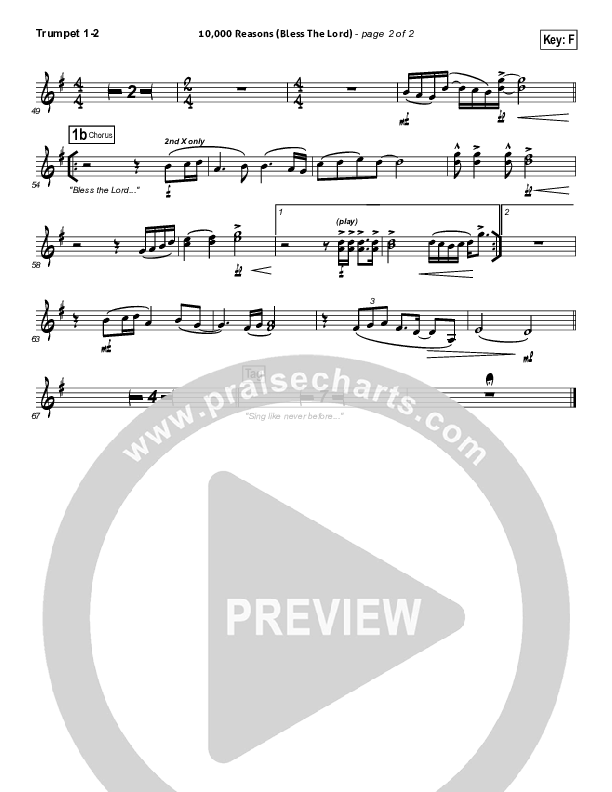 10,000 Reasons (Bless The Lord) (Choral Anthem SATB) Trumpet 1,2 (Matt Redman / NextGen Worship / Arr. Richard Kingsmore)