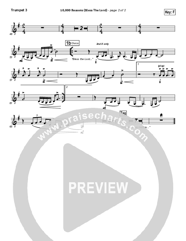 10,000 Reasons (Bless The Lord) (Choral Anthem SATB) Trumpet 3 (Matt Redman / NextGen Worship / Arr. Richard Kingsmore)