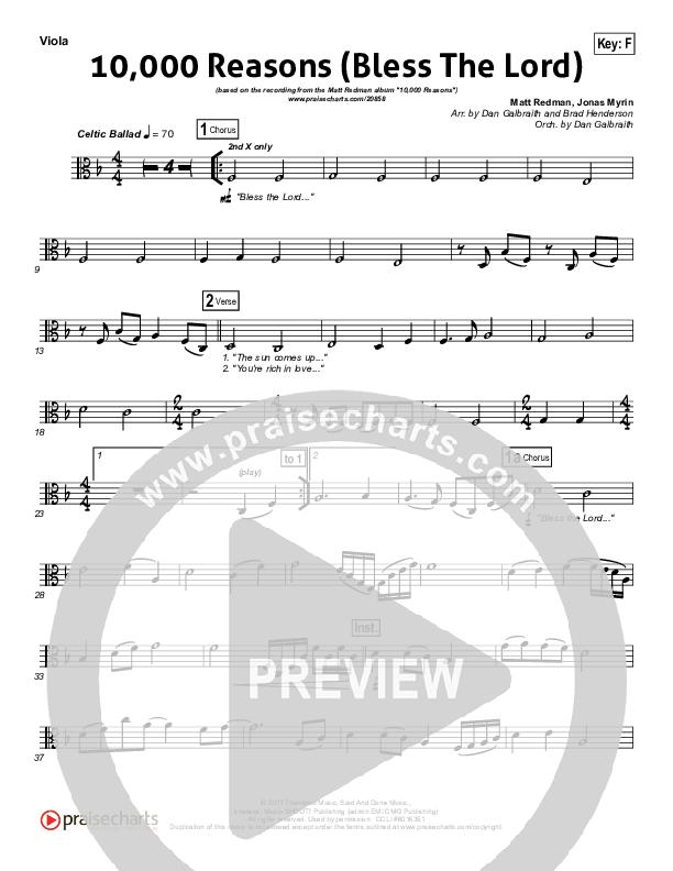 10,000 Reasons (Bless The Lord) (Choral Anthem SATB) Viola (Matt Redman / NextGen Worship / Arr. Richard Kingsmore)