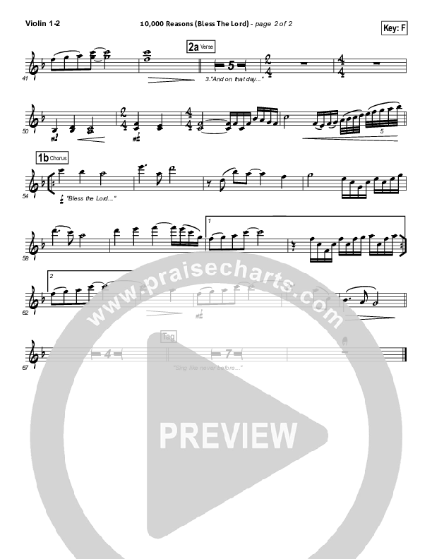 10,000 Reasons (Bless The Lord) (Choral Anthem SATB) Violin 1,2 (Matt Redman / NextGen Worship / Arr. Richard Kingsmore)