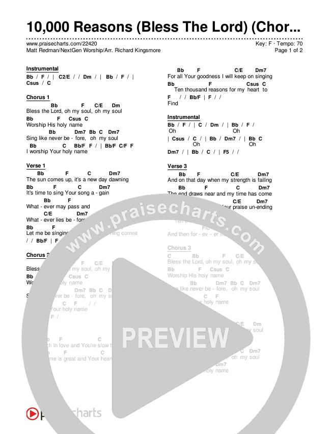10,000 Reasons (Bless The Lord) (Choral Anthem SATB) Chords & Lyrics (Matt Redman / NextGen Worship / Arr. Richard Kingsmore)