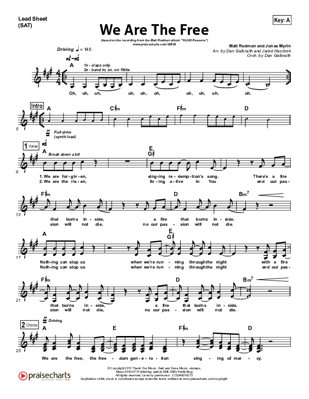 We Are The Free (Choral Anthem SATB) Lead Sheet (SAT) (Matt Redman / Arr. Richard Kingsmore)