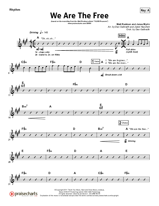 We Are The Free (Choral Anthem SATB) Rhythm Chart (Matt Redman / Arr. Richard Kingsmore)