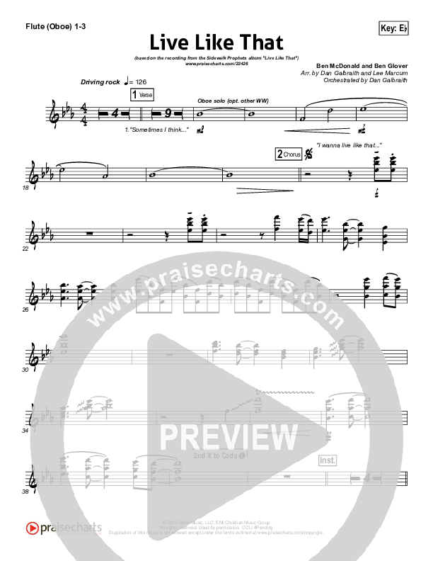 Live Like That Flute/Oboe 1/2/3 (Sidewalk Prophets)