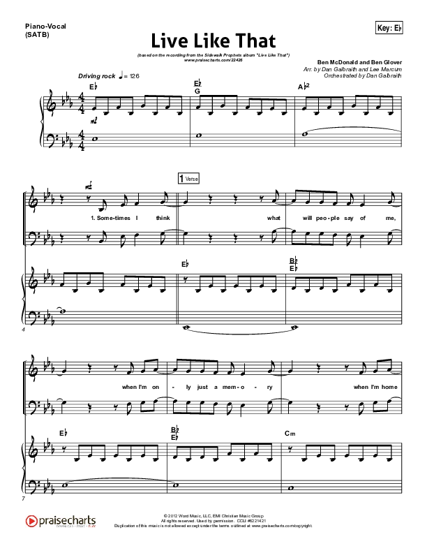 Live Like That Piano/Vocal (SATB) (Sidewalk Prophets)