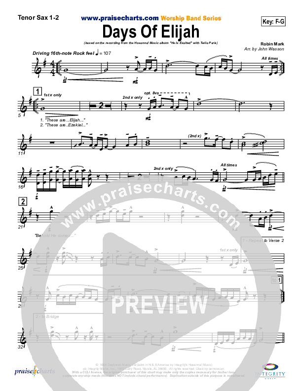 Days of Elijah Tenor Sax 1/2 (Twila Paris)