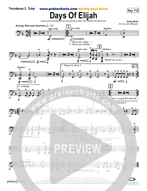 Days of Elijah Trombone 3/Tuba (Twila Paris)