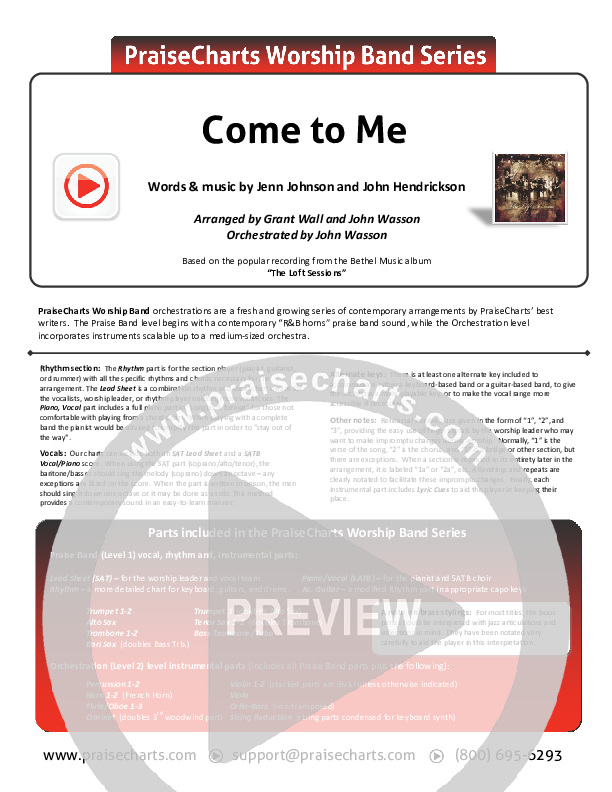 Come To Me Cover Sheet (Bethel Music / Jenn Johnson)