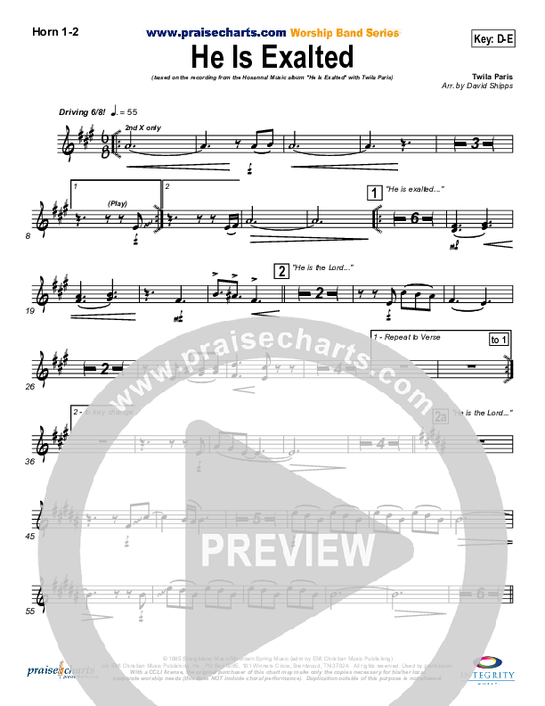 He Is Exalted French Horn 1/2 (Twila Paris)