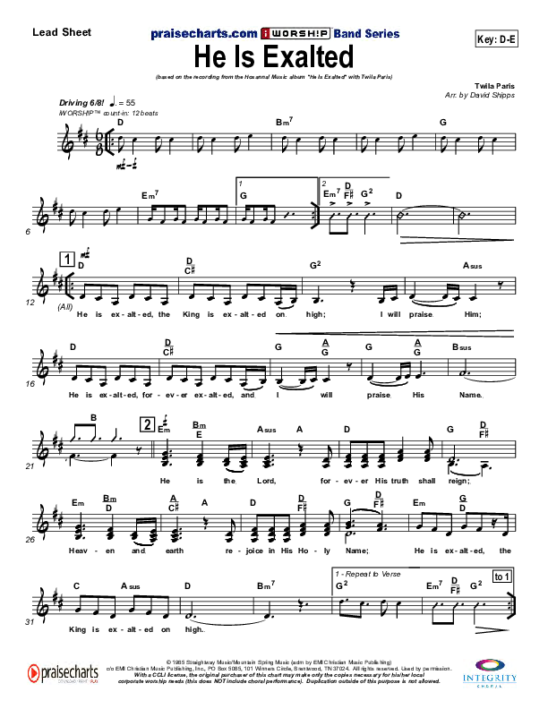 He Is Exalted Lead Sheet (Twila Paris)