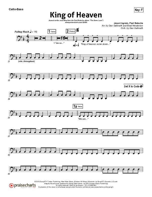 King Of Heaven Cello/Bass (Paul Baloche)