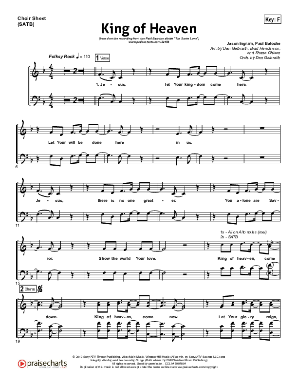 King Of Heaven Choir Sheet (SATB) (Paul Baloche)