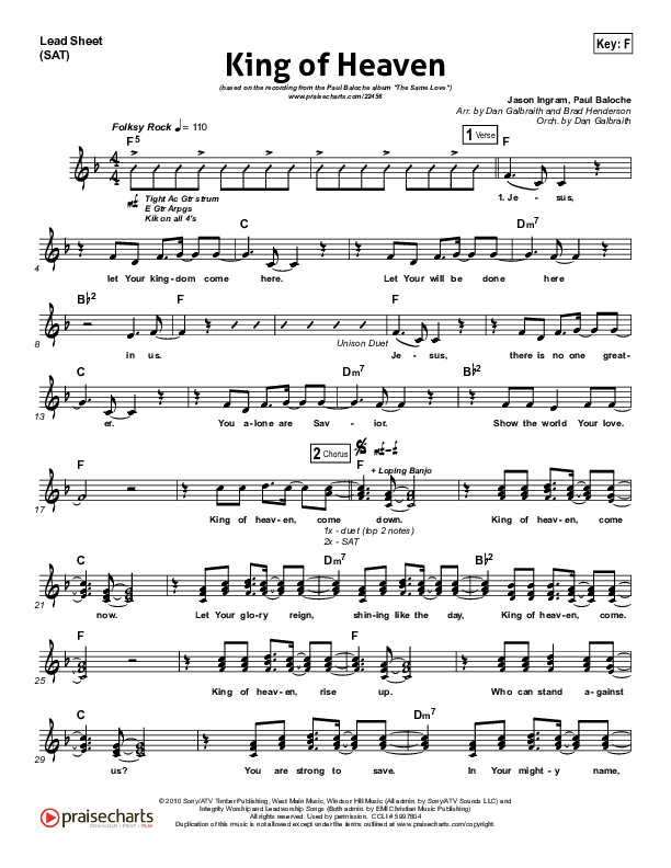 King Of Heaven Lead Sheet (SAT) (Paul Baloche)