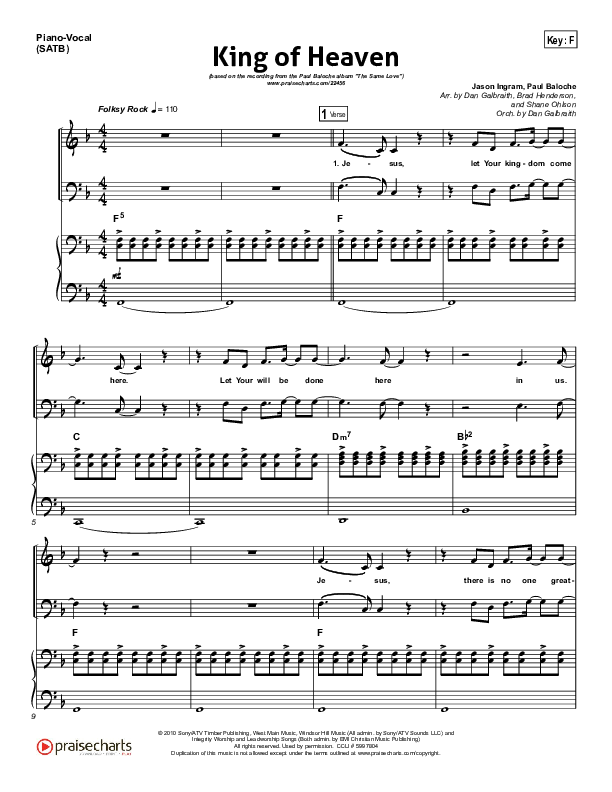 King Of Heaven Piano/Vocal Pack (Paul Baloche)