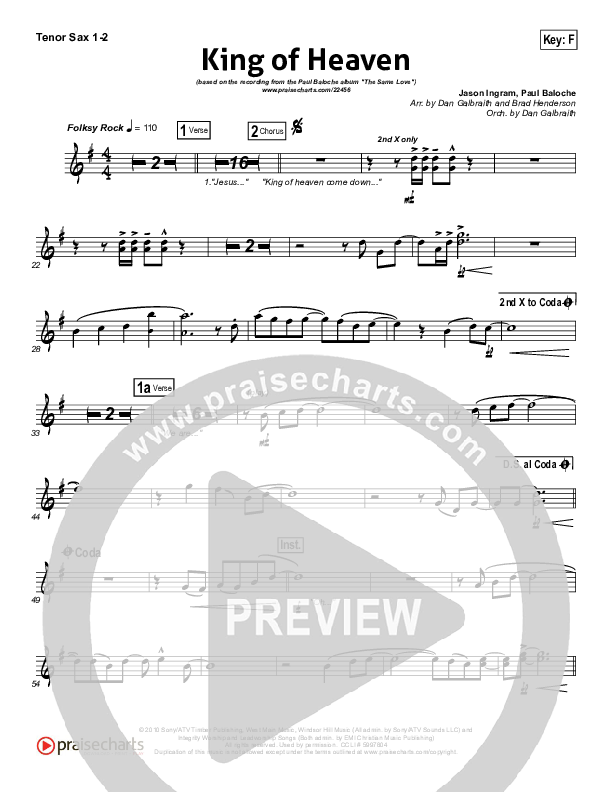 King Of Heaven Tenor Sax 1/2 (Paul Baloche)