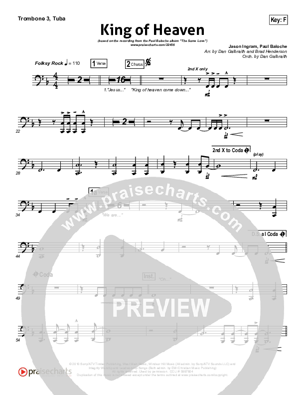 King Of Heaven Trombone 3/Tuba (Paul Baloche)