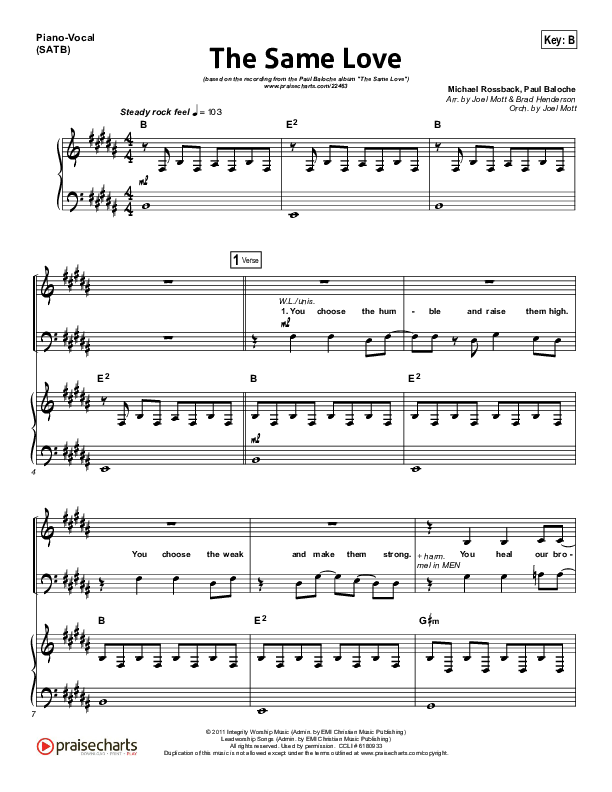 The Same Love Piano/Vocal (SATB) (Paul Baloche)