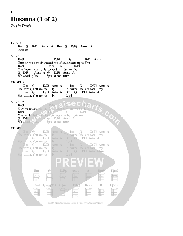 Hosanna Chord Chart (Twila Paris)