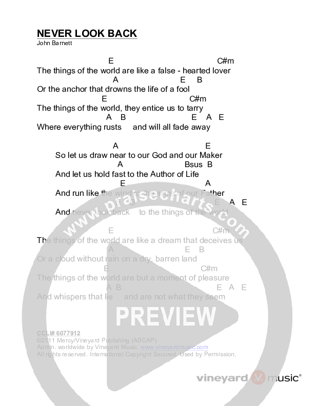 Never Look Back Chords & Lyrics (Vineyard Worship)