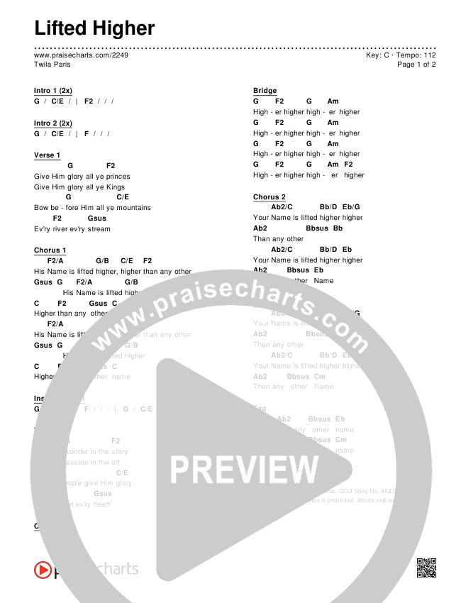 Lifted Higher Chords & Lyrics (Twila Paris)