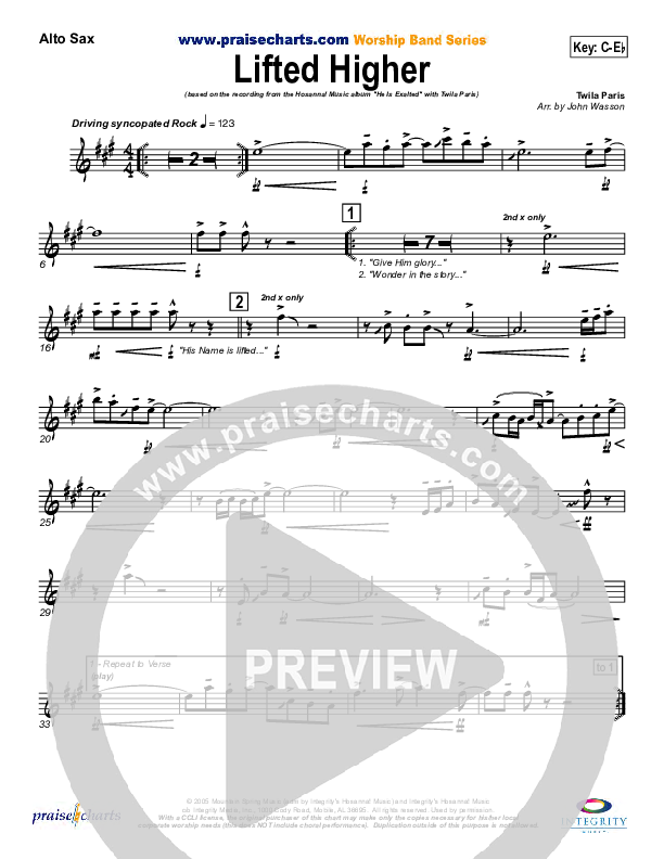 Lifted Higher Alto Sax (Twila Paris)