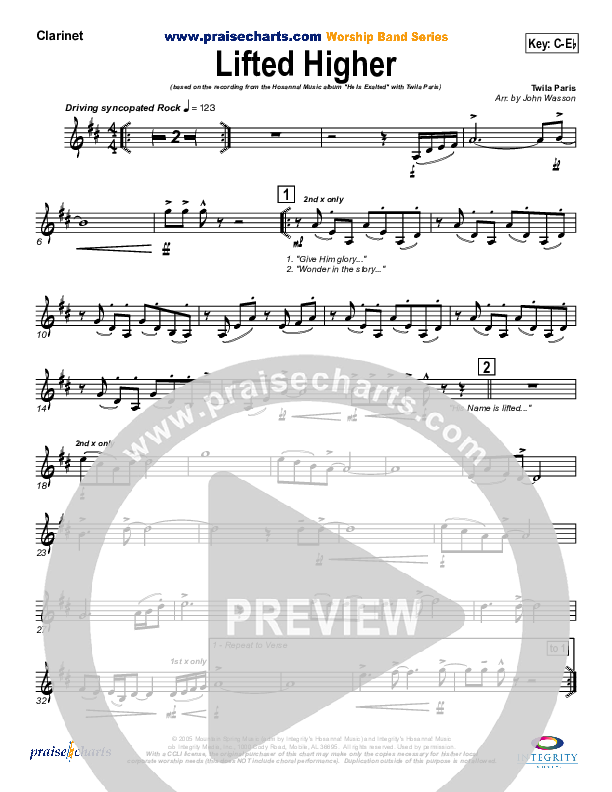 Lifted Higher Clarinet (Twila Paris)