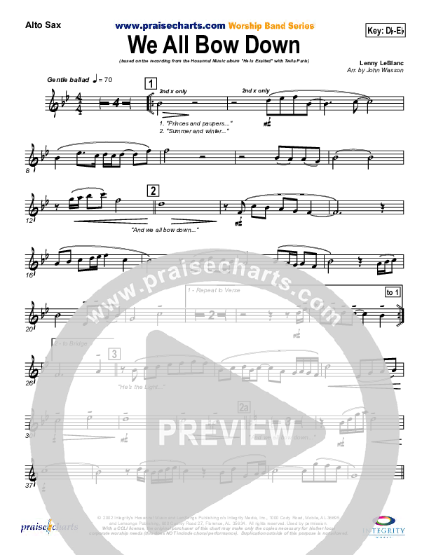 We All Bow Down Alto Sax (Twila Paris)