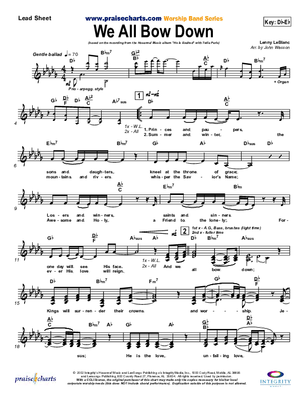 We All Bow Down Lead Sheet (Twila Paris)