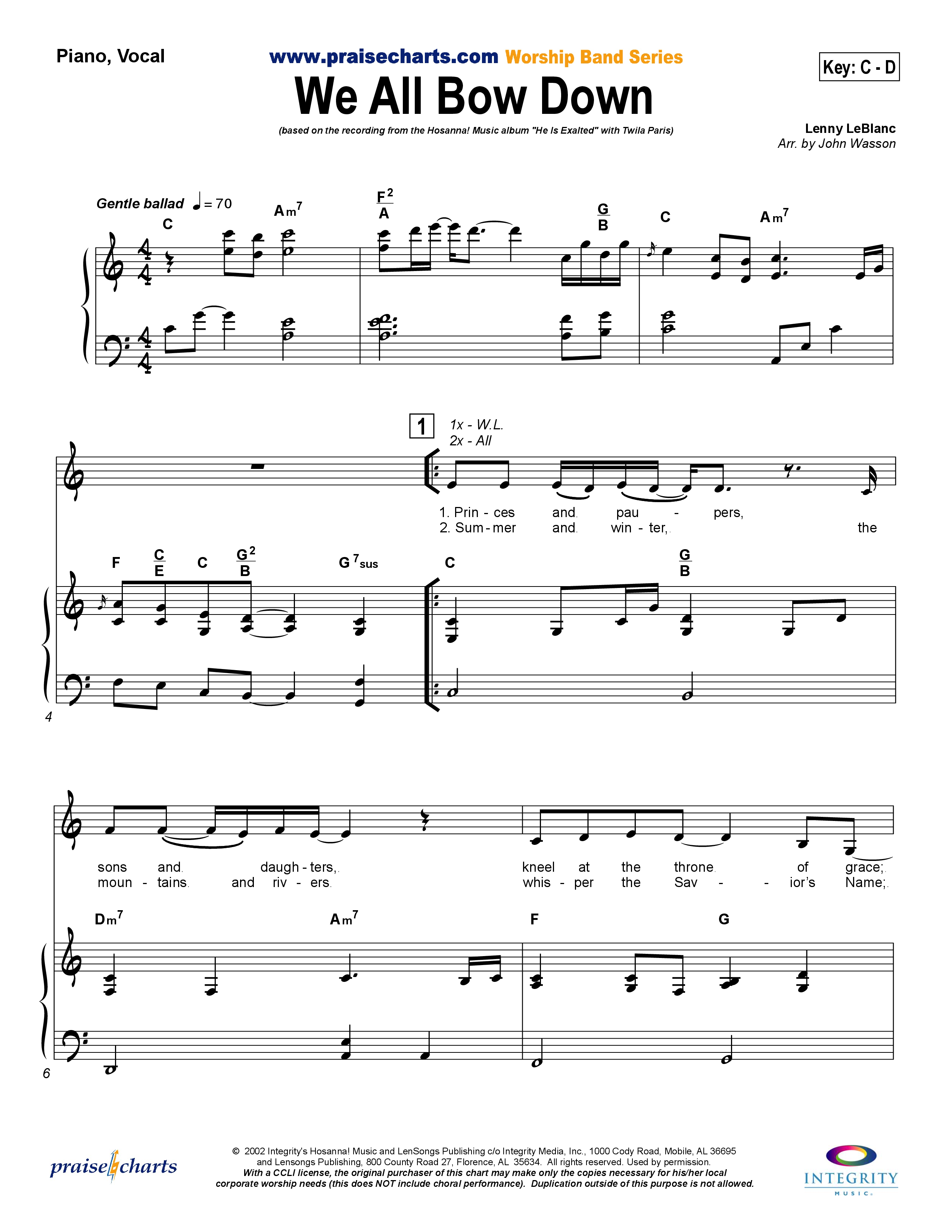 We All Bow Down Piano/Vocal (Twila Paris)