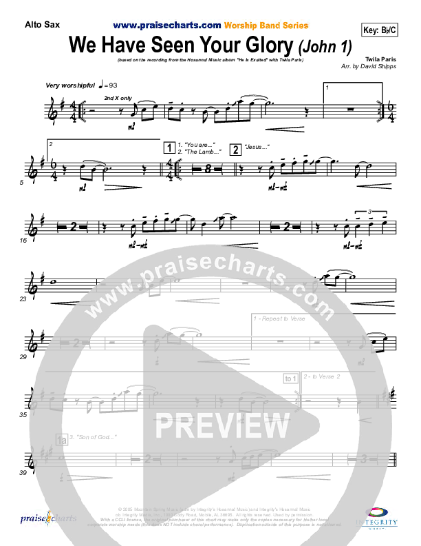 We Have Seen Your Glory Alto Sax (Twila Paris)