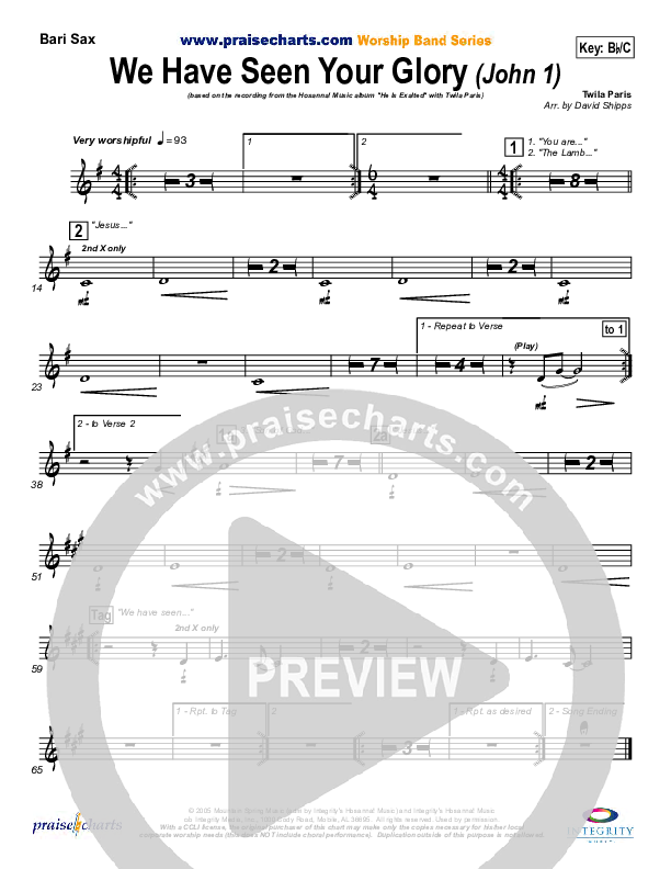 We Have Seen Your Glory Bari Sax (Twila Paris)