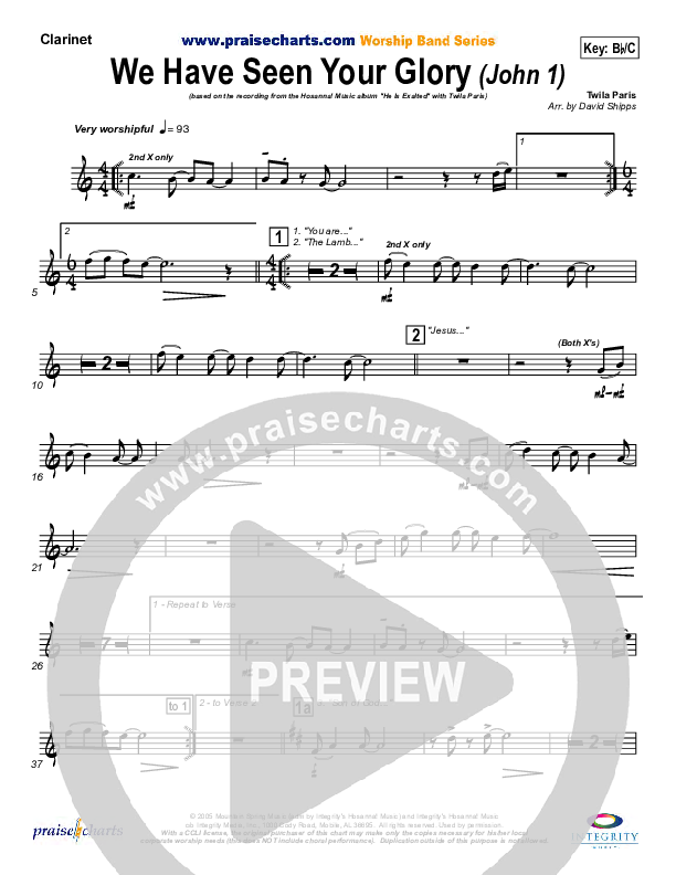 We Have Seen Your Glory Clarinet (Twila Paris)