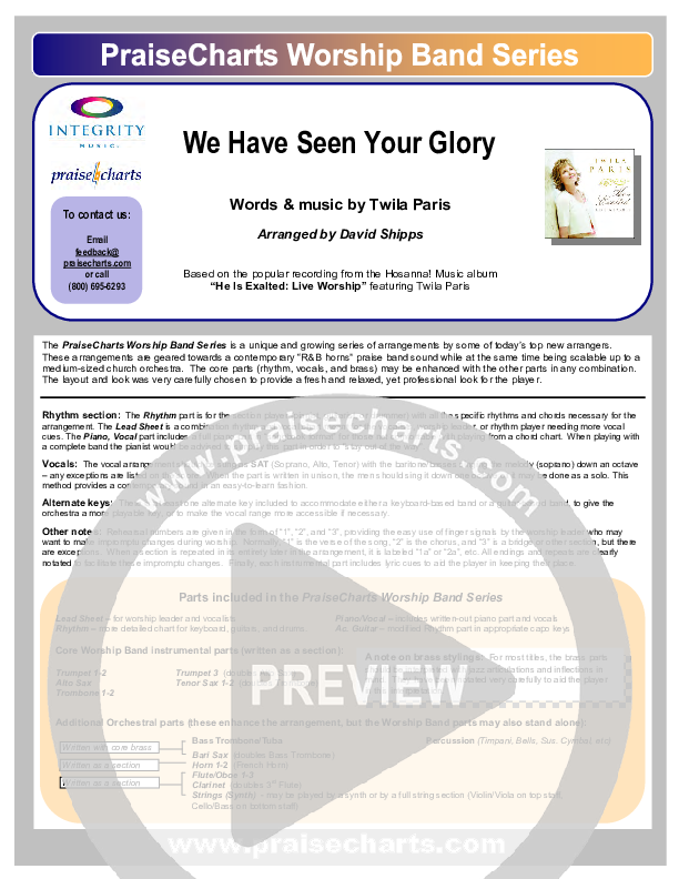 We Have Seen Your Glory Cover Sheet (Twila Paris)