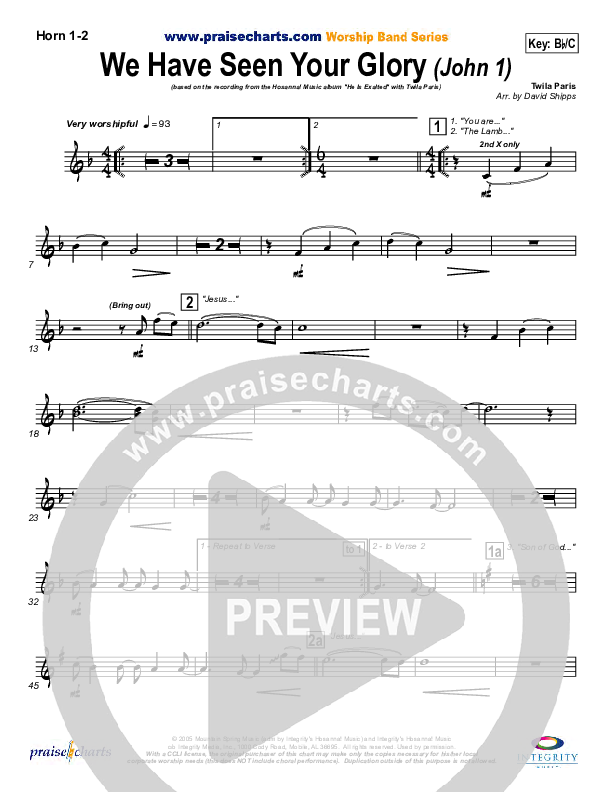 We Have Seen Your Glory French Horn 1/2 (Twila Paris)