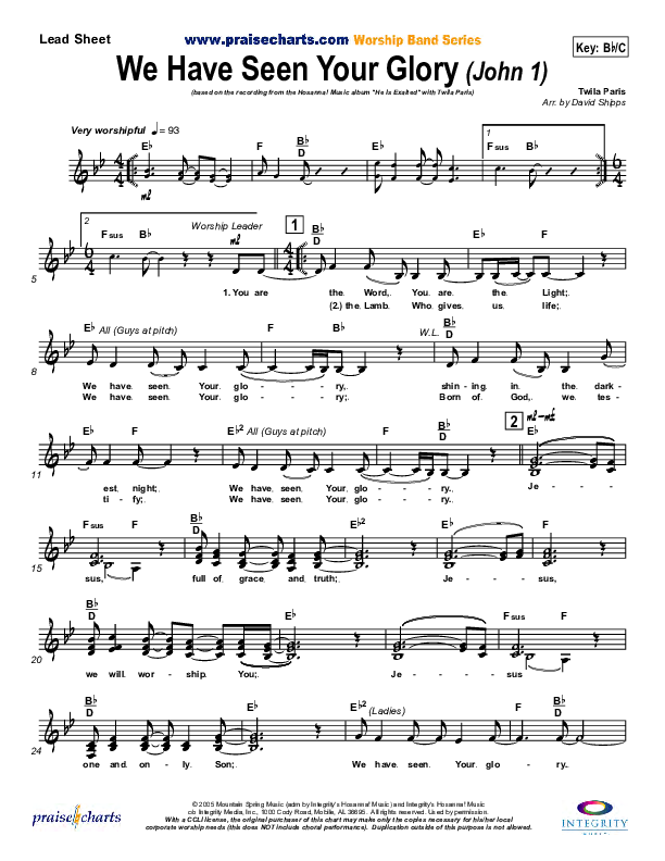 We Have Seen Your Glory Lead Sheet (Twila Paris)