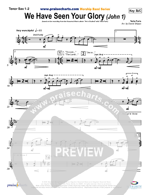 We Have Seen Your Glory Tenor Sax 1/2 (Twila Paris)