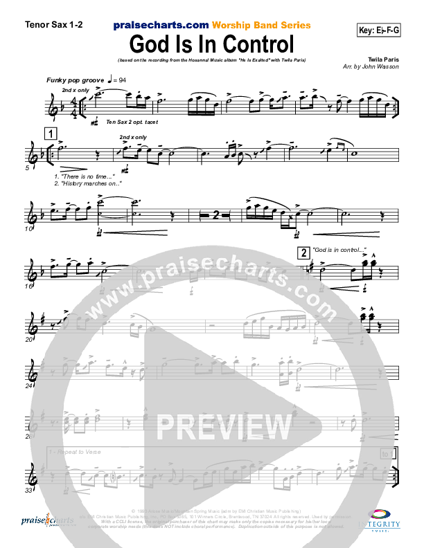 God Is In Control Tenor Sax 1/2 (Twila Paris)