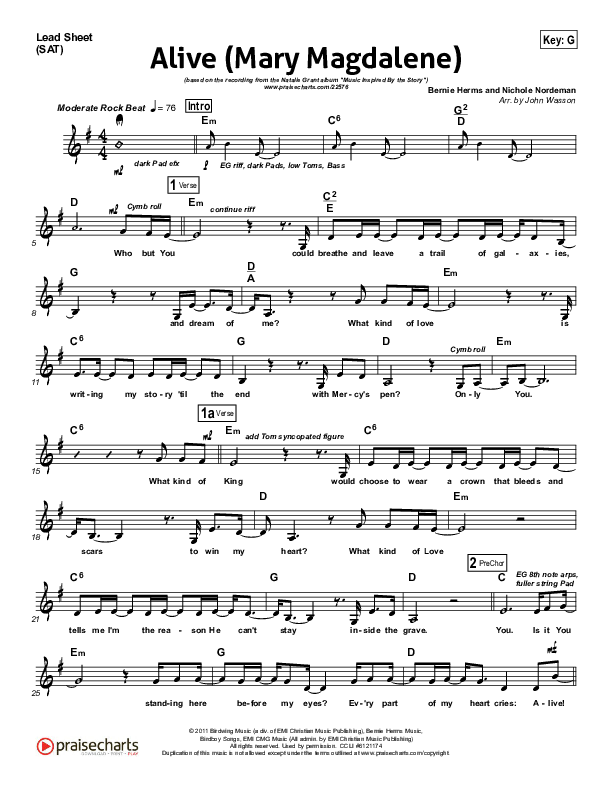 Alive (Mary Magdalene) Lead Sheet (SAT) (Natalie Grant)