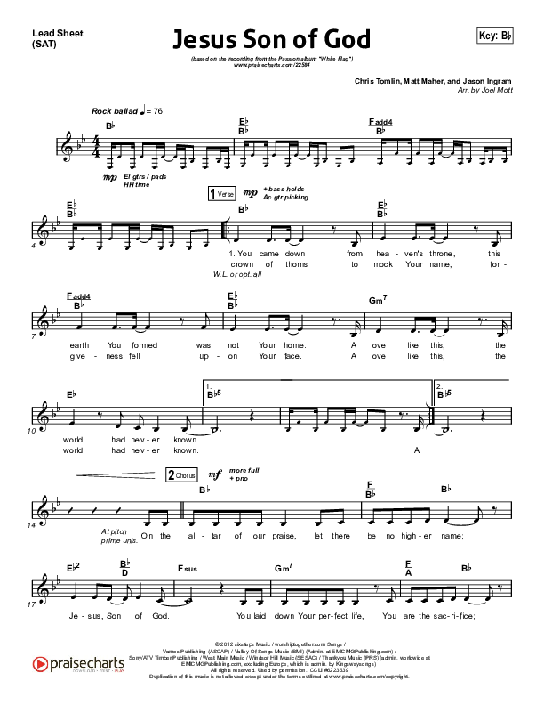 Jesus Son Of God Lead Sheet (SAT) (Passion / Chris Tomlin / Christy Nockels)