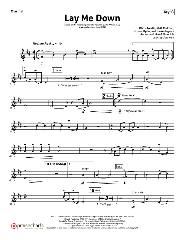 Lay Me Down Clarinet (Passion / Chris Tomlin / Matt Redman)