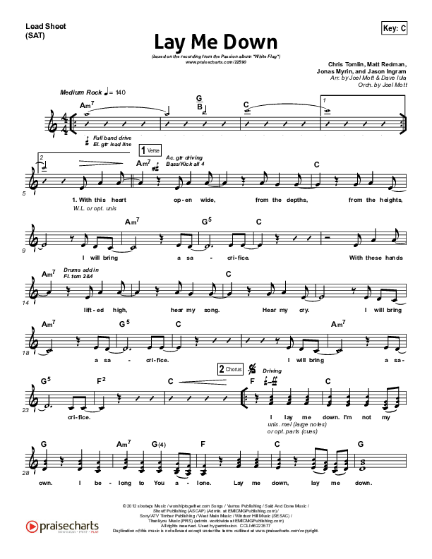 Lay Me Down Lead Sheet (SAT) (Passion / Chris Tomlin / Matt Redman)