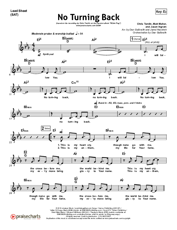 No Turning Back Lead Sheet (SAT) (Passion / Chris Tomlin)