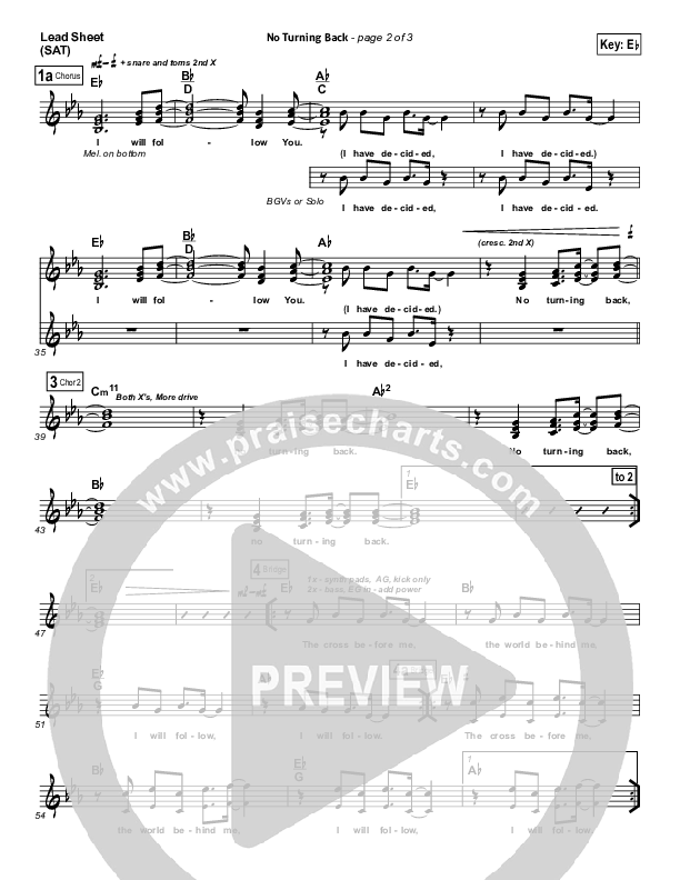 No Turning Back Lead Sheet (SAT) (Passion / Chris Tomlin)