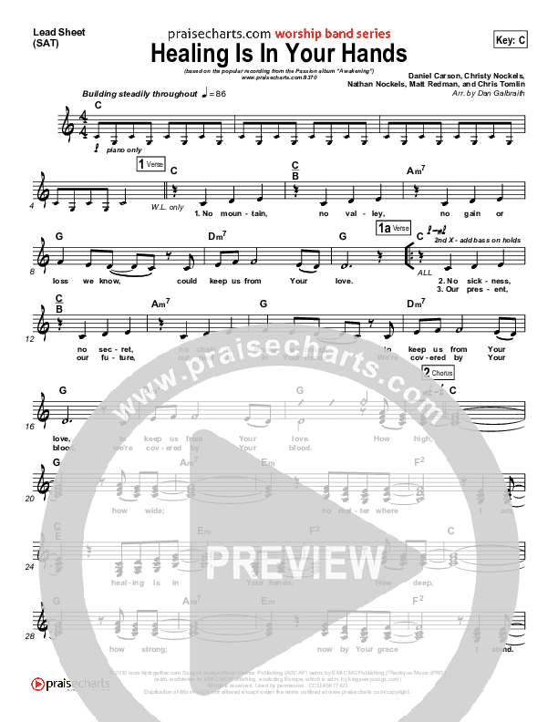 Healing Is In Your Hands (Choral Anthem SATB) Lead Sheet (SAT) (Christy Nockels / NextGen Worship / Arr. Richard Kingsmore)