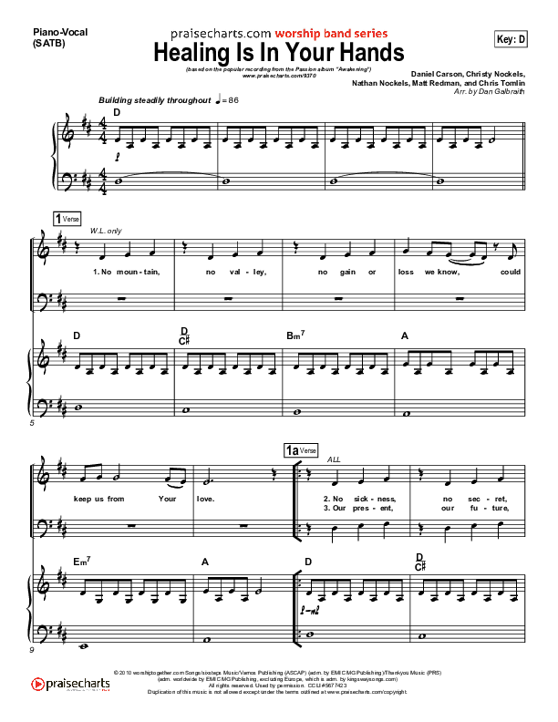 Healing Is In Your Hands (Choral Anthem SATB) Piano/Vocal (SATB) (Christy Nockels / NextGen Worship / Arr. Richard Kingsmore)