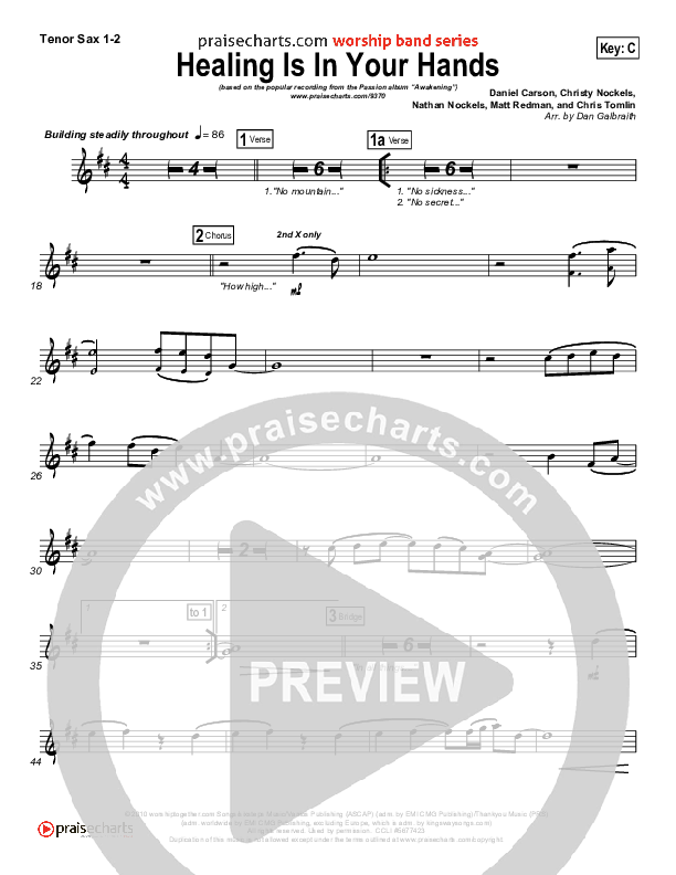 Healing Is In Your Hands (Choral Anthem SATB) Tenor Sax 1/2 (Christy Nockels / NextGen Worship / Arr. Richard Kingsmore)