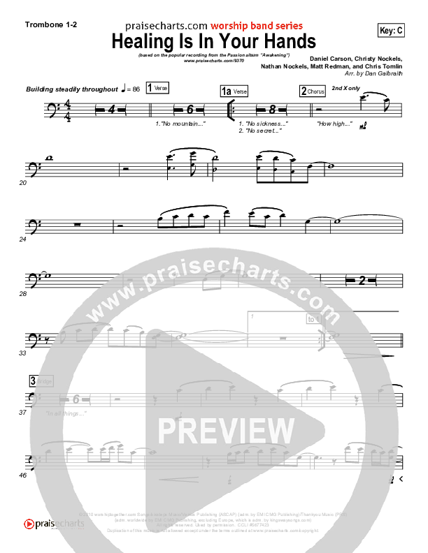 Healing Is In Your Hands (Choral Anthem SATB) Trombone 1/2 (Christy Nockels / NextGen Worship / Arr. Richard Kingsmore)
