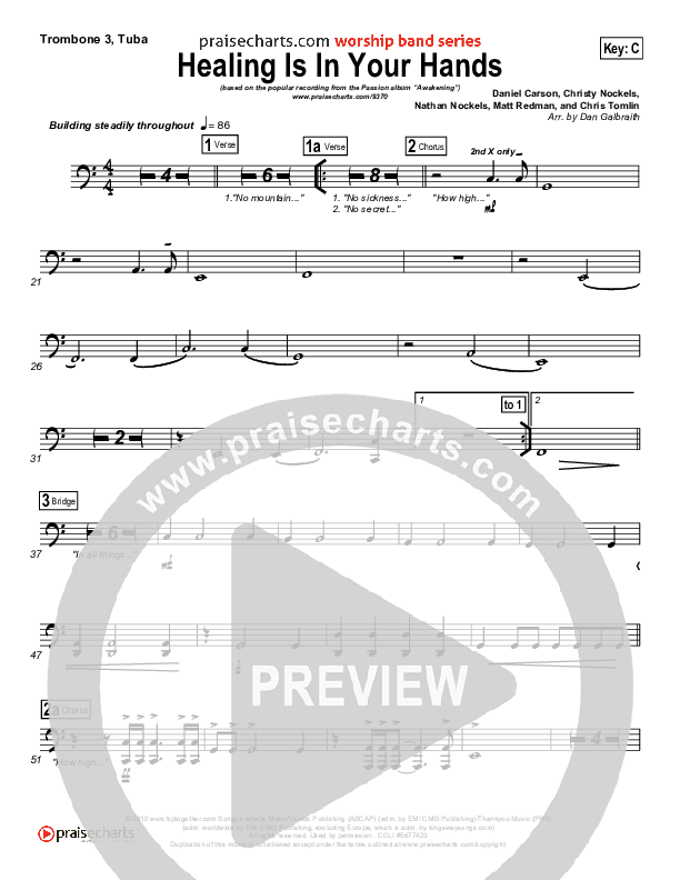 Healing Is In Your Hands (Choral Anthem SATB) Trombone 3/Tuba (Christy Nockels / NextGen Worship / Arr. Richard Kingsmore)